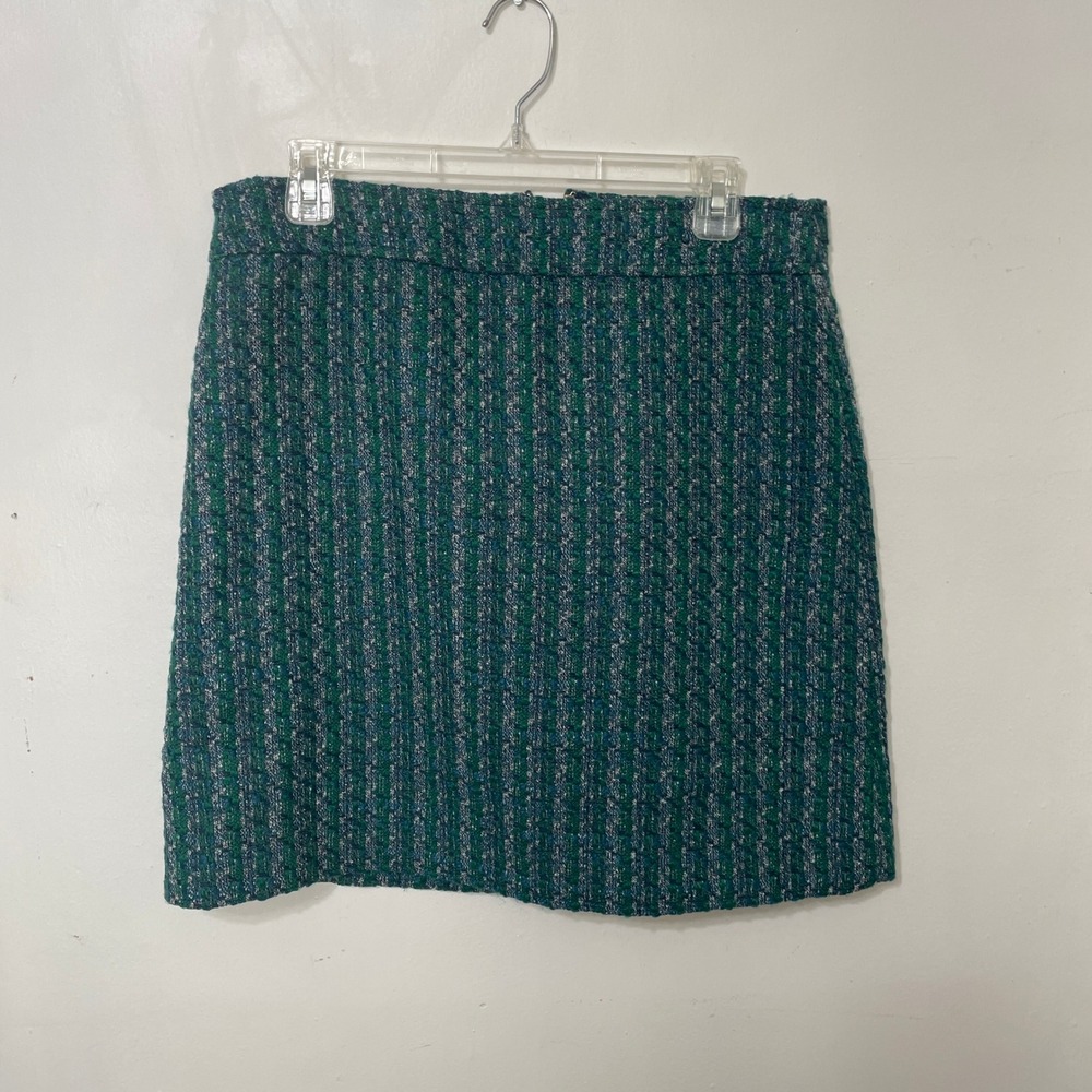 J.Crew Green Blue Tweed Mini Skirt Striped A-Line Size 10 Preppy Academia